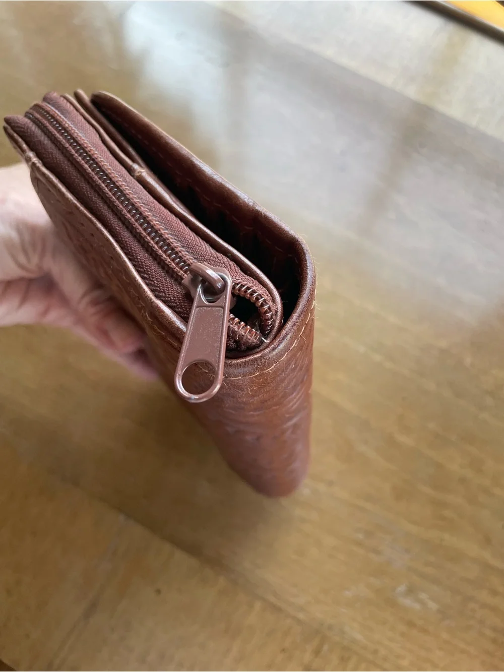 Vintage Western Brown Tooled Leather Clutch with Silver & Gold Tone Buckle